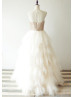 Sheer Neck Champagne Sequin Ruffled Tulle Long Prom Dress